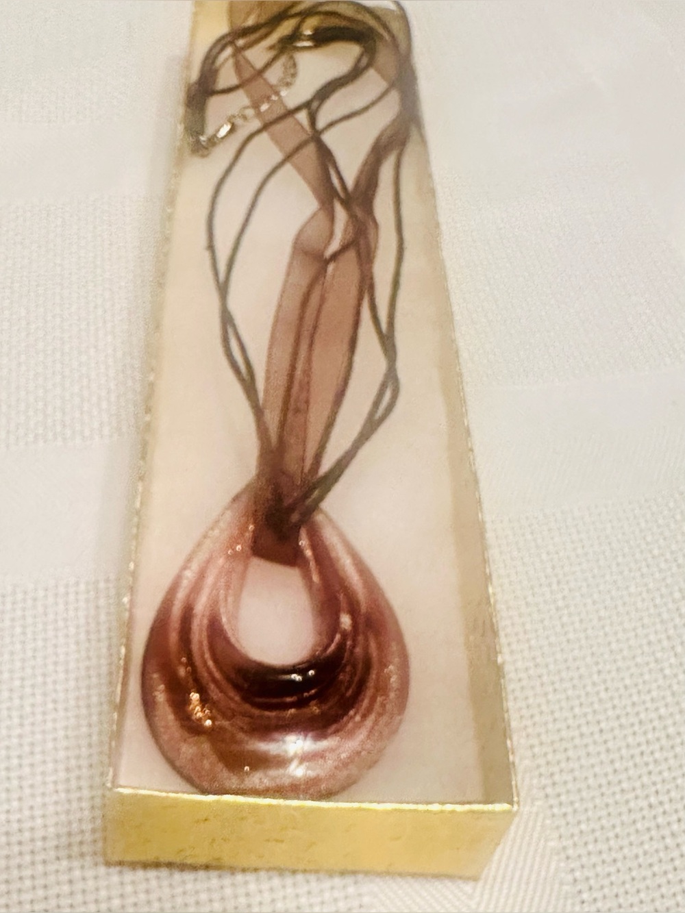 Murano Style Art Glass Copper Tone Teardrop Pendant Necklace w/Ribbon Lace Cord